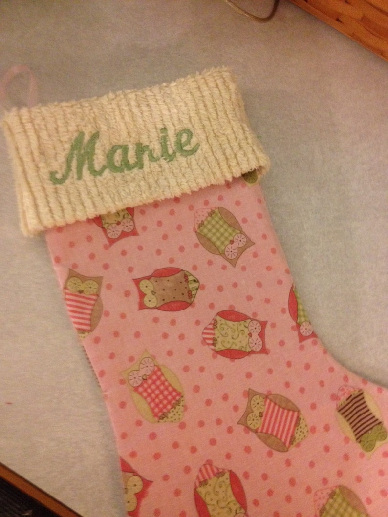 Sweet Pastel Owls on Pink and Chenille Handmade Christmas Stocking with FREE US SHIPPING