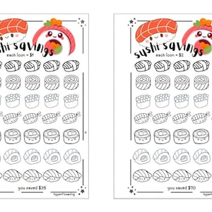 Könnte beinhalten: Zwei weiße Blätter mit einem Sushi-Motiv. Auf der Oberseite jedes Blattes stehen die Worte "sushi savings" und der Preis pro Symbol. Auf der Unterseite jedes Blattes stehen die Worte "you saved" und ein Geldbetrag.