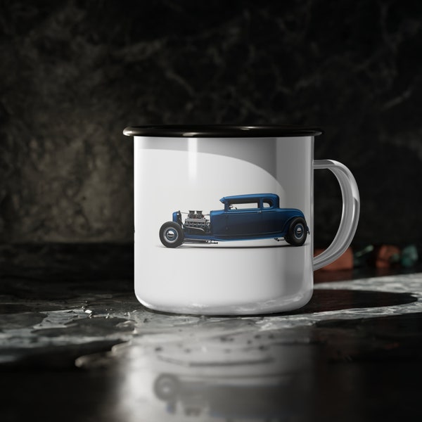 Hot rod car, rockabilly, nostalgia, white enamel mug with a black rim, outdoor camp cup