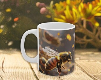 Honey Bee Ceramic Mug 11oz, Honey Buzzing Bee, Honeycomb, Pollen Cup