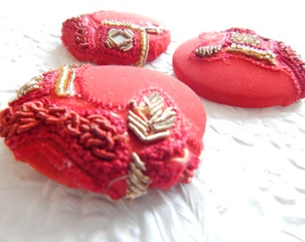 RED buttons, floral buttons, embroidered buttons, fabric buttons, size 75 buttons, set of 3 buttons