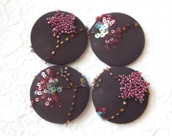 DARK BROWN buttons,  sparkly buttons,  beaded buttons, fabric buttons, 1.9 inches, size 75 buttons, set of 4 buttons