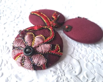 BURGUNDY button, floral buttons, beaded buttons, embroidered buttons, fabric buttons, 1.9 inches,  size 75 buttons, set of 3