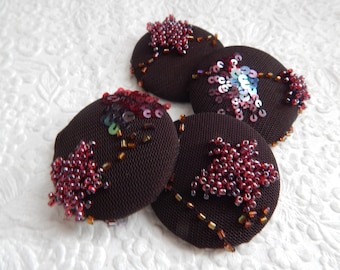 4 dark brown purple sparkly fabric buttons, beaded embroidered buttons, 4.7 cm, 48.26 mm, size 75 buttons, set 1