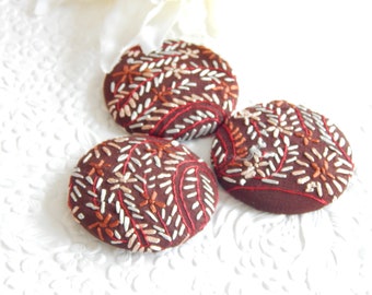 3 DARK BROWN  floral embroidered fabric buttons, make a ring, create a pendant, 1.9 inches, size 75 buttons