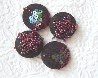 4 dark brown purple beaded embroidered buttons, accent a sweater, use for gift wrapping, 1 1/8 inch