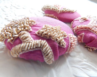 3 HOT PINK  embroidered beaded fabric buttons, make a ring, create a pendant, 1.9 inches, size 75 buttons