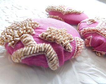 HOT PINK  buttons, embroidered buttons, beaded buttons, fabric buttons,  size 75 buttons