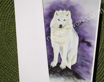 White Wolf Watching Single Greeting Card from Watercolor Painting by Annette Nilan with Envelope and Blank Inside