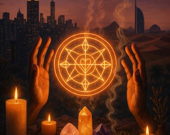 May include: An illuminated orange symbol is held between two hands, with candles and crystals on a table. The background features a city skyline and desert landscape. The scene evokes a mystical or spiritual theme.