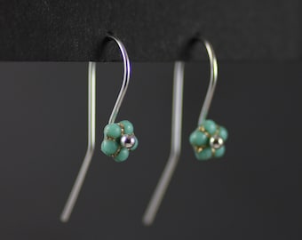 Tiny Glass Flowers Earrings on Sterling Silver French Ear Hooks, Handmade Jewelry, Turquoise Forget Me Nots, ESFGBFT