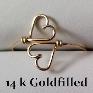 Double Heart Ring - Wirewrapped Love Ring - Adjustable Midi Ring - Sterling Silver - 14k Goldfilled - Rose Goldfilled
