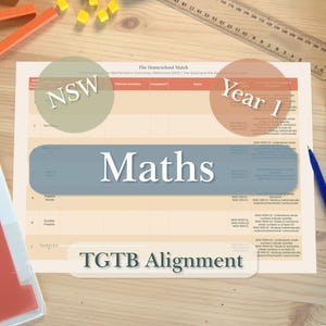 May include: A worksheet titled "The Homeschool Match" with the word "Maths" in large letters. The worksheet is on a wooden surface, with a red binder, pencils, and other school supplies.