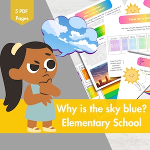 Op de afbeelding: Een kleurrijke educatieve illustratie die uitlegt waarom de lucht blauw is. De illustratie toont een cartoonmeisje dat nadenkt over de lucht, een diagram dat laat zien hoe licht wordt gebroken door een prisma en een diagram dat de verschillende kleuren van de regenboog laat zien.