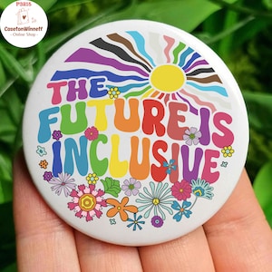 LGBT Pin button, The Future Is Inclusive LGBT Flag Groovy Gay Rights Pride Pinback in 3 size, Pride Flag Rainbow Trans Pin - LGBT Badge Pin