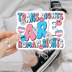 Trans Rights Are Human Rights Sticker | Trans Pride Flag Decal | LGBTQ+ Vinyl Sticker | Waterproof & Durable | Activist Sticker, Support Gay