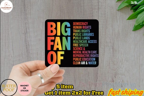 Big Fan of Human Rights Car Magnet or Bumper Sticker, Funny Liberal Car Decal, Anti Trump Magnet, Empathy Political Sticker, Democrat Gift