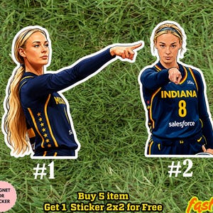 May include: Two die-cut stickers featuring a blonde athlete in a dark blue Indiana basketball jersey with yellow trim. The first sticker shows the athlete pointing to the side, and the second shows the athlete pointing forward with the text INDIANA 8.