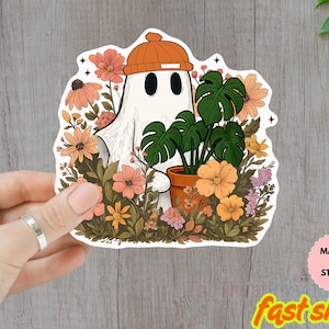 Halloween-Geist-Aufkleber, lustiger Geist-Aufkleber, niedlicher Herbstaufkleber, Geschenk für Halloween, wasserdichter Aufkleber, laminierter, glänzender Blumenaufkleber