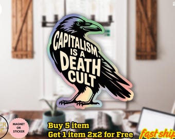 Pegatina/imán para coche "El capitalismo es un culto a la muerte", pegatina de vinilo socialista, pegatina vintage anticapitalista para portátiles y botellas de agua.