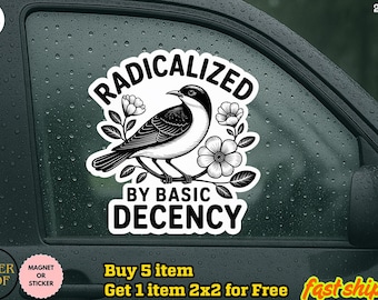 Pegatina/imán para coche "Radicalizado por la Decencia Básica", pegatinas de vinilo impermeables troqueladas para portátil en protesta por la democracia liberal de izquierda y los derechos humanos.