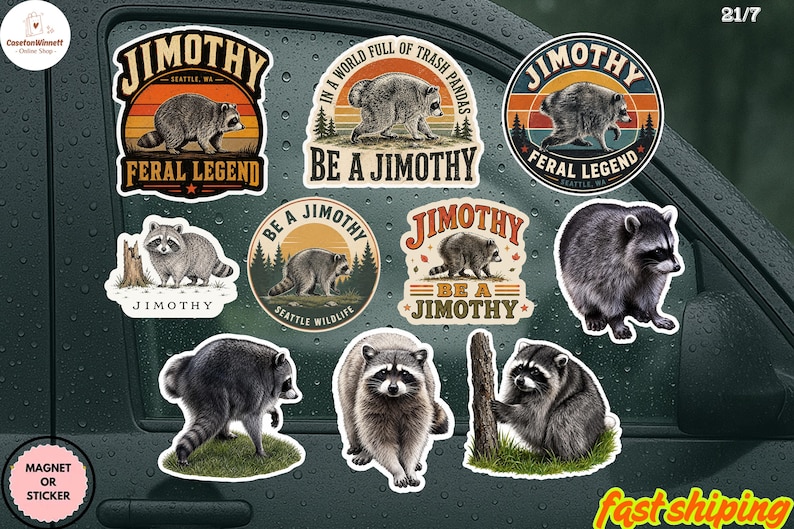 Pakket van 100 grappige wasbeerstickers van Jimothy, virale wasbeersticker uit Seattle, grappig wasbeer-memecadeau afbeelding 3