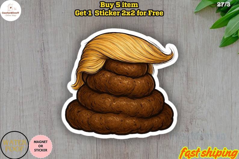 K&ouml;nnte beinhalten: Ein Aufkleber mit einem braunen, geschichteten Design, gekr&ouml;nt von einer blonden Frisur. Der Aufkleber hat einen wei&szlig;en Rand und enth&auml;lt den Text "Buy 5 item Get 1 Sticker 2x2 for Free". Der Aufkleber ist als Magnet oder Aufkleber gekennzeichnet.