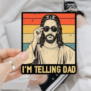 Adesivi "Lo dico a papà", confezione da 2 adesivi, adesivi con giochi di parole cristiani, adesivi divertenti su Gesù, adesivi religiosi, regalo con meme su Gesù, regalo per papà