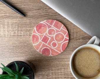 Absorbent Pink Geometric Drink Coasters – Modern Ceramic Style Set of 4