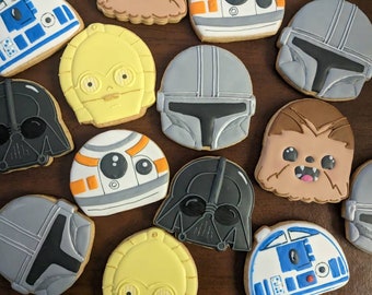 Star characters sugar cookies, Chewbacca, R2D2, C3PO, Darth Vader, BB8, Mandalorian, dozen