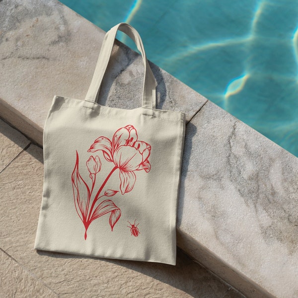 Red Line drawing of Flowers on Tote Bag, Floral Botanical Tote, Tattoo Tulip Beatle Tote Bag, Trendy Flower Shoulder Bag, Women Gift Bag