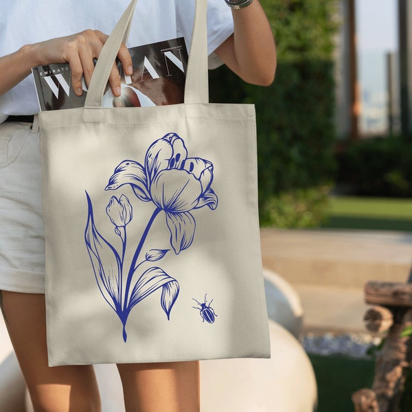 Blue Line drawing of Flowers on Tote Bag, Floral Botanical Tote, Tattoo Tulip Beatle Tote Bag, Trendy Flower Shoulder Bag, Women Gift Bag