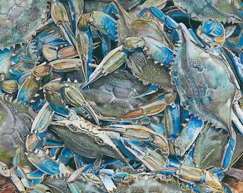 Bushel of Blue Crabs, Signed Art Print of Original Chesapeake Bay Watercolor Painting of Blue Crabs in a Bushel Basket