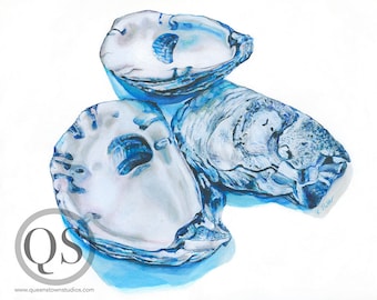 Sacre Bleu, Signed Archival Print from original watercolor painting and colored pencil, Blue Coastal Art, shell design