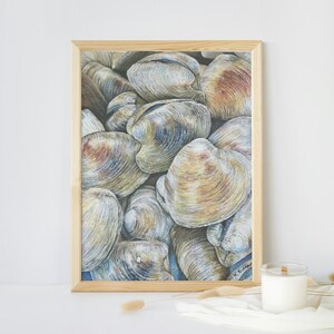 May include: A framed watercolor painting of a pile of clams. The clams are a variety of shades of brown, gray, and white. The painting is signed "K.Nutter" in the bottom right corner.