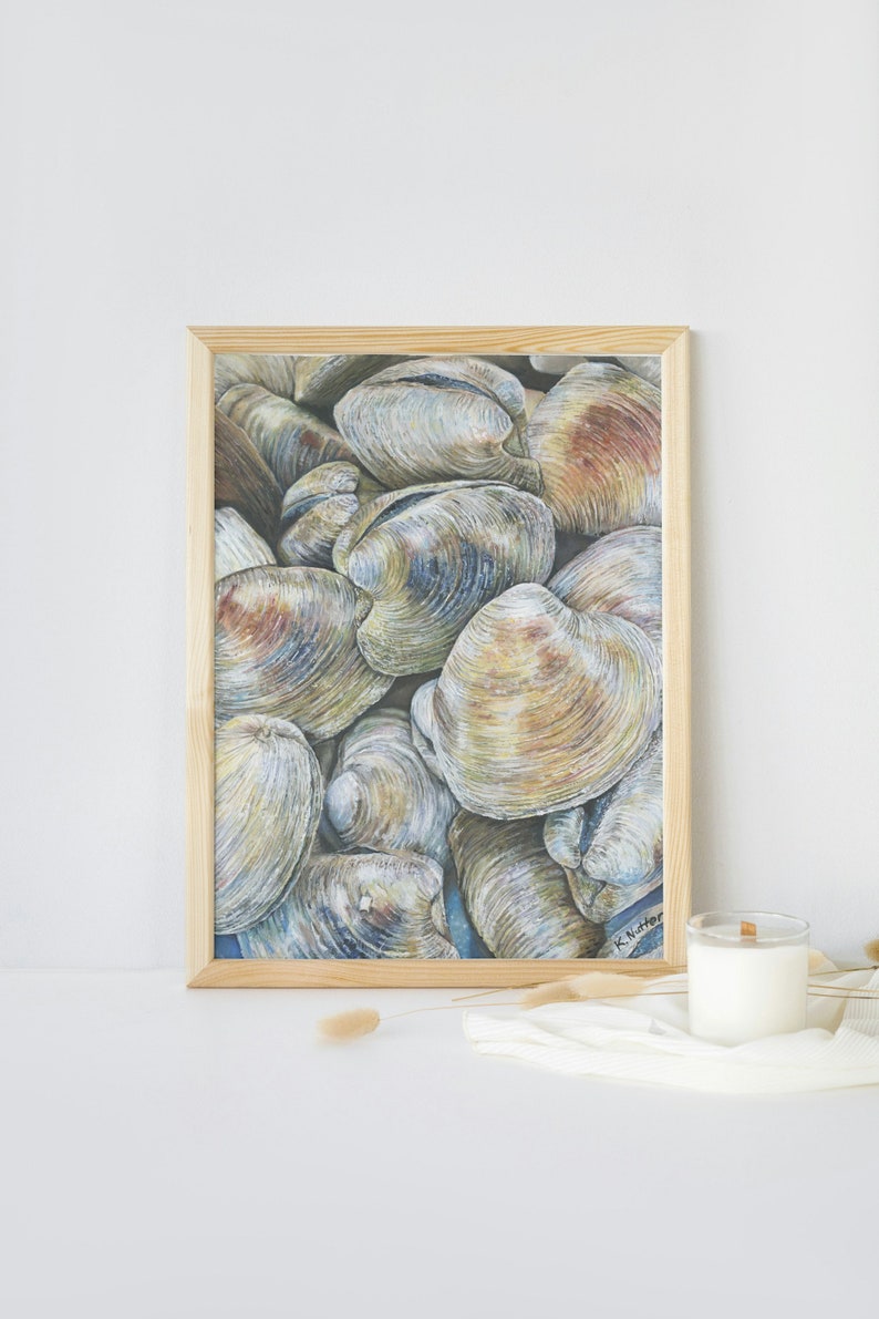 May include: A framed watercolor painting of a pile of clams. The clams are a variety of shades of brown, gray, and white. The painting is signed "K.Nutter" in the bottom right corner.