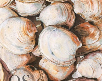 Clamity, Chincoteague Little Neck Clam Shells, Fine Art Giclee Print from Original Watercolor Painting, Rustic, Coastal Farmhouse, Design