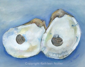 Blue Dreamer, Archival Art Print on watercolor paper by Kathleen Nutter, from original watercolor and pastel oyster shell painting