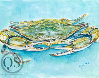 Maryland Blue Crab Archival Print from original watercolor painting, coastal colorful design, beach decor