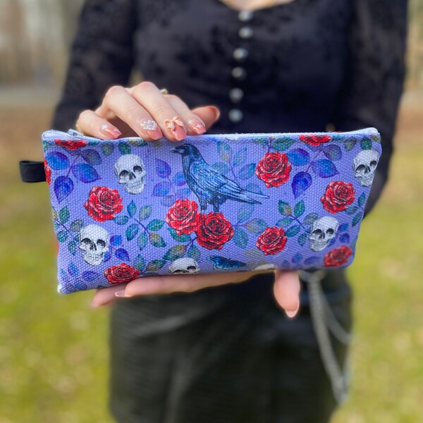 Goth Glam pencil, wallet, bag with a skull, butterflies, raven and roses, Poe, Baltimore, Purple, goth girl