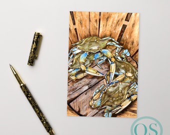 Let's Go Crabbing, watercolor greeting card featuring a bushel of blue crabs, blank inside, watercolor paper