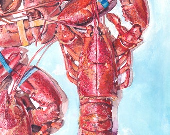 The Maine Attraction, Signed Archival Print of Original Watercolor Painting Featuring Cooked Lobsters from Acadia Park Bar Harbor Maine