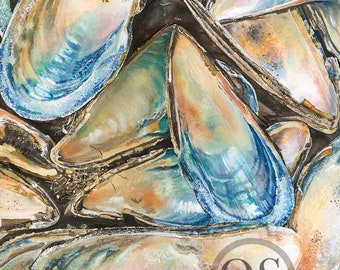 Pacific Mussels, Signed Archival Print of Original Watercolor Painting Featuring Mussel Shells from the Ocean Sonoma Coast Beach, California