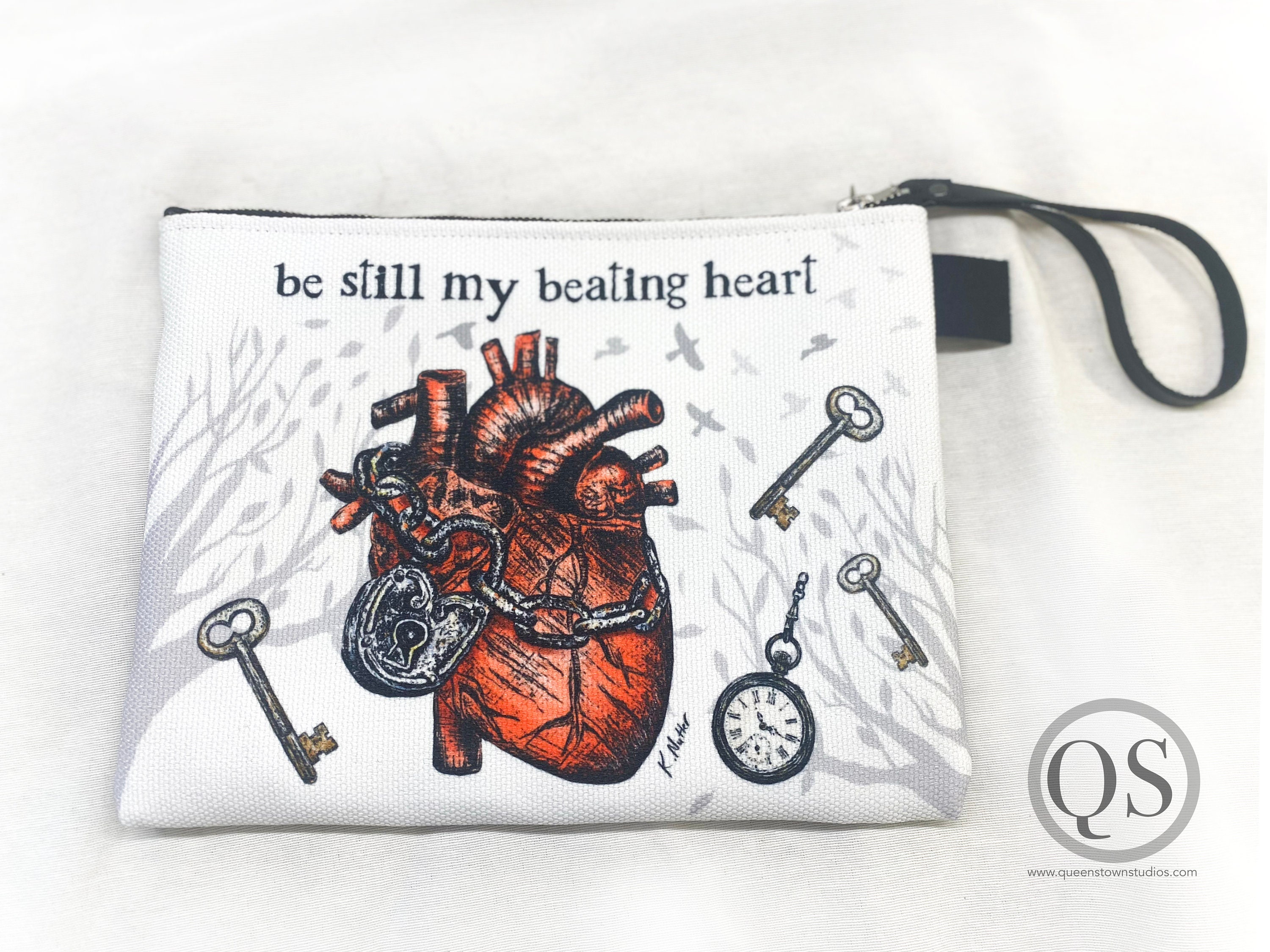 Be Still My Beating Heart Zipper Accessories Bag, Hand Drawn