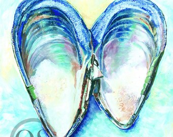Big Mussels, Signed Art Print of Original Mussel Shell Coastal Beach Style Art done in Watercolor