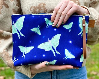 Geïllustreerde Luna Moth Make up, cosmetische tas, Denim gevoerd, rits, tas, reistas, levendige kleuren, insecten