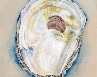 Oyster on Beige, Signed Art Print created from original Oyster shell gouache and watercolor coastal painting
