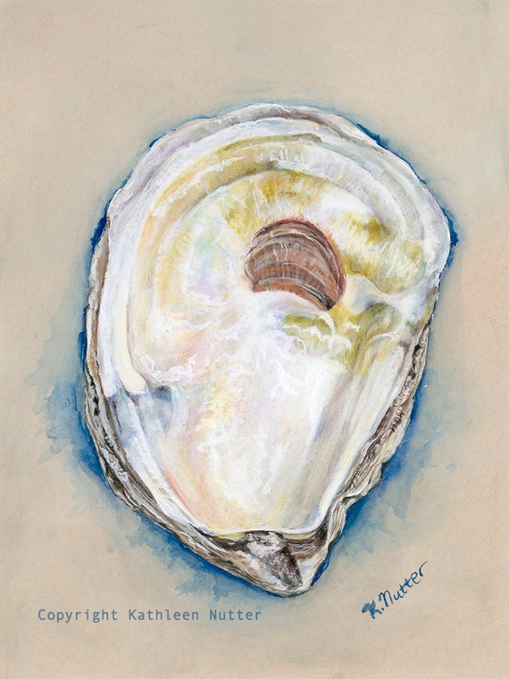 Oyster on Beige, Signed Art Print created from original Oyster shell gouache and watercolor coastal painting