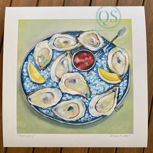 Shell, yes!, Signed Archival Print of Original Watercolor, half shell oyster, colorful seafood art, raw bar, oyster plate