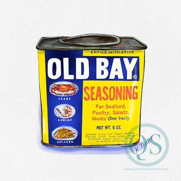 Vintage Old Bay ® Tin, fan art painting, Maryland, Baltimore, Crab feast, illustration, kitchen art, spice, blue crab, cooked crab